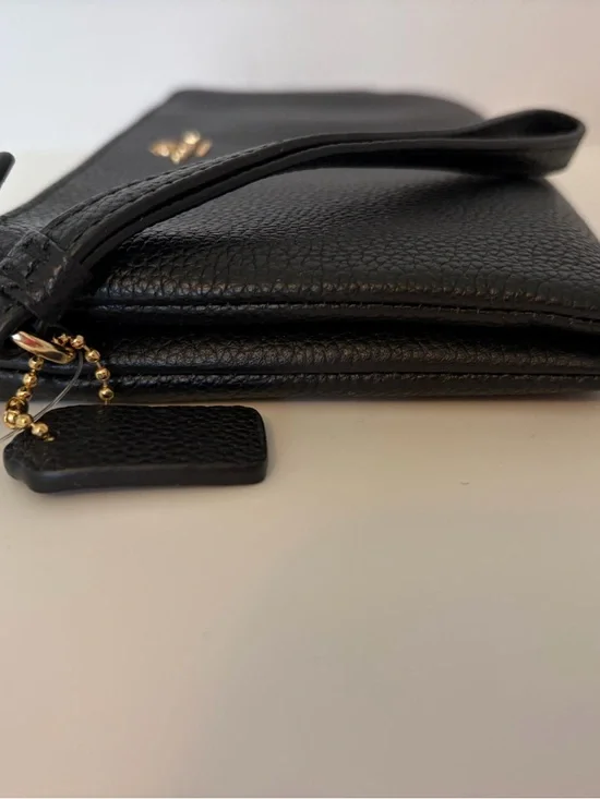 Coach Black Pebbled Leather Zip Wristlet with Gold Logo - Picture 5 of 16